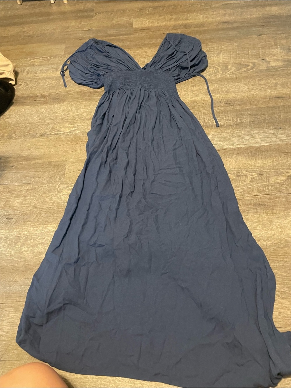bobi Navy/Blue Dress with Smocked Bodice and Puff Sleeves